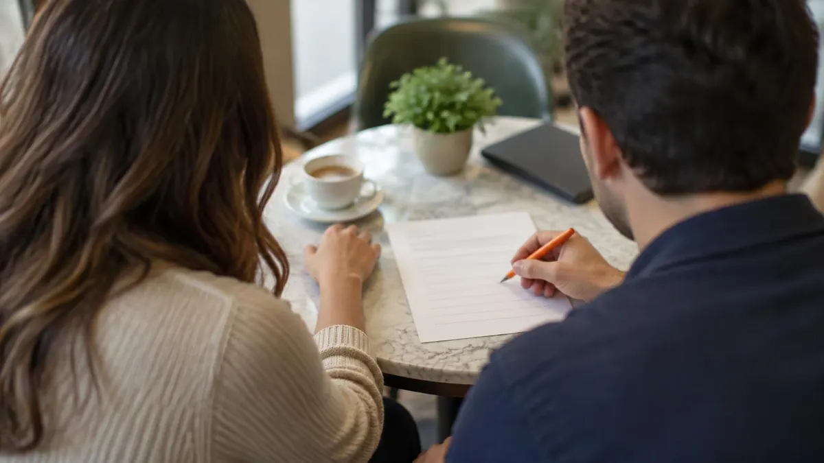 Two people at a table with a blank form and a pen, shown from behind