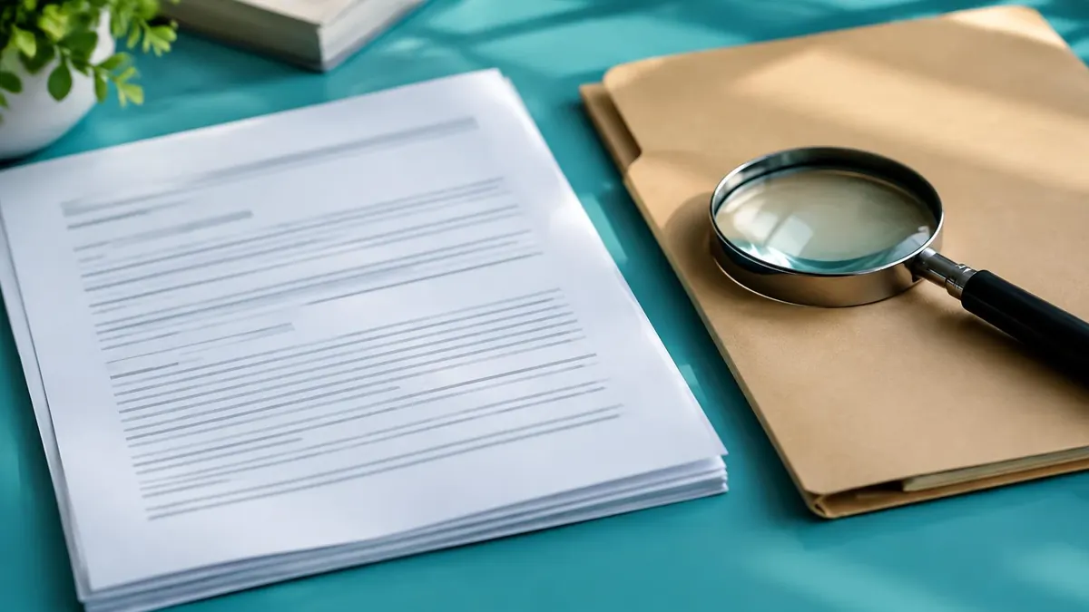 A plain paper record copy with a folder, shown beside a magnifying glass on a desk