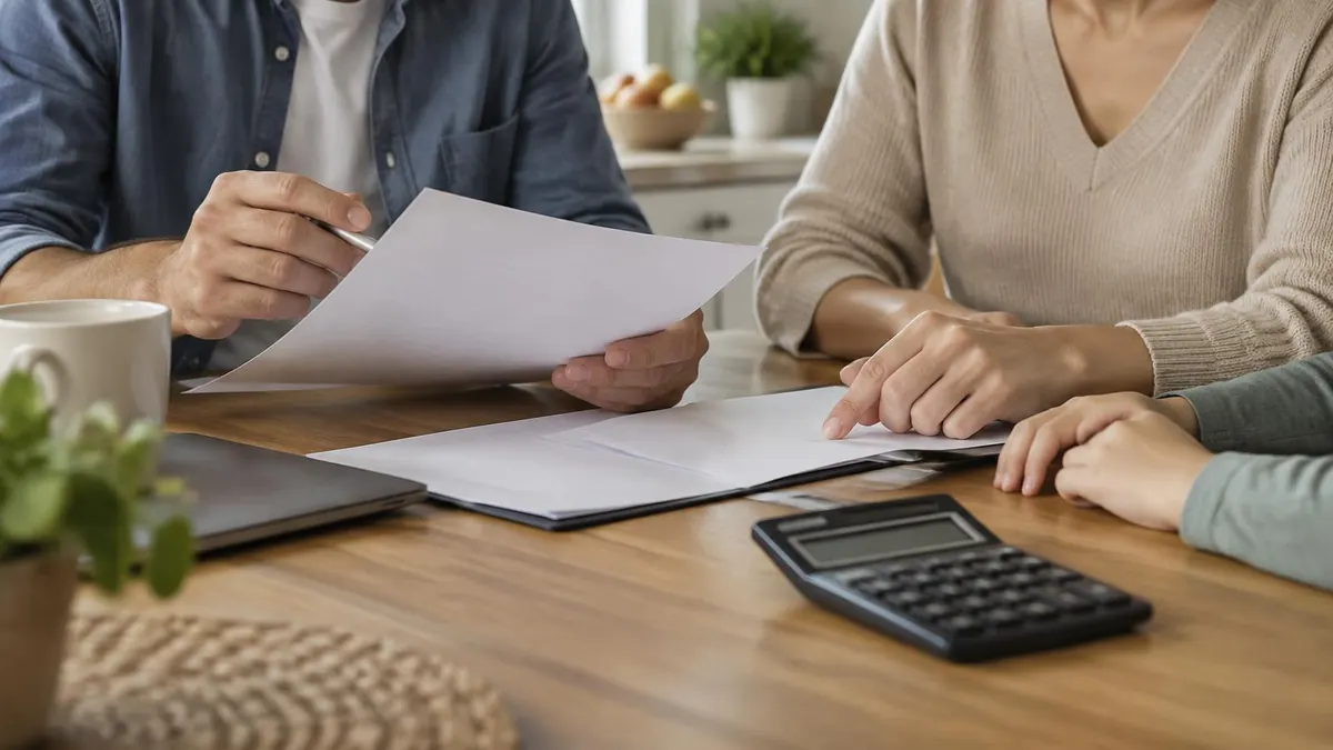 A family at a table reviewing health insurance paperwork with a calculator