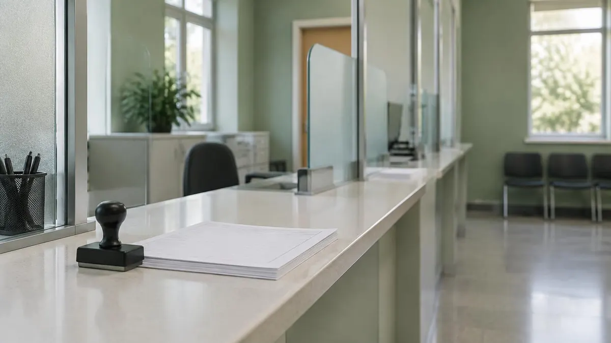 A government service counter with a rubber stamp and paper forms, no readable text