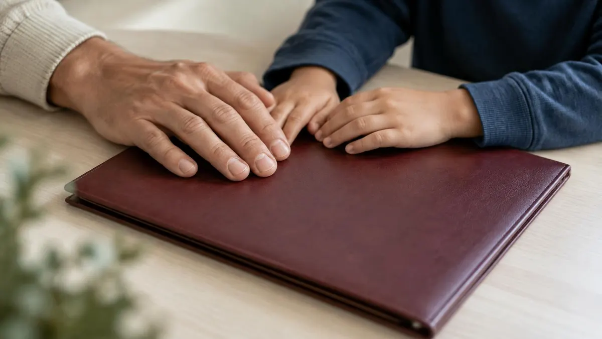 A parent and child's hands holding a folder of court papers on a table