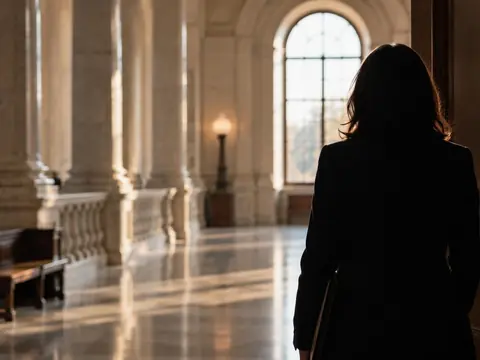 An anonymous person seen from behind in a quiet courthouse-style doorway