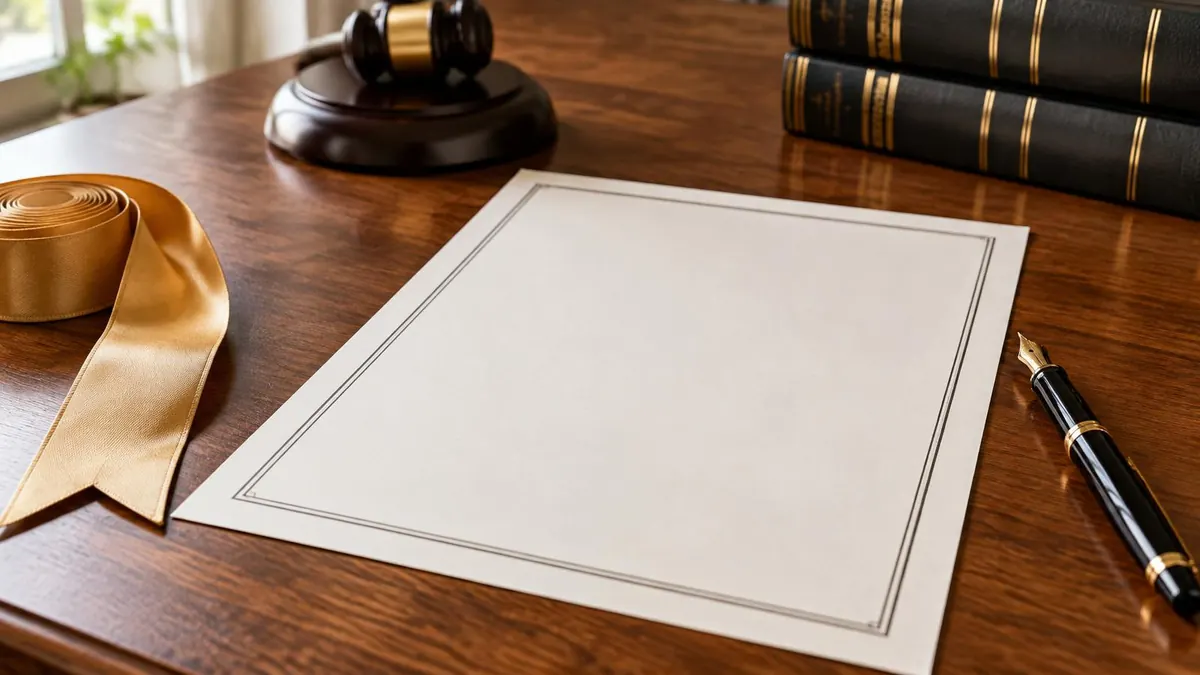 A document with a gold foil seal resting on a wooden desk beside a fountain pen