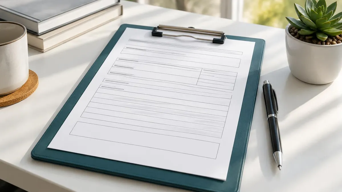 A claim form clipped to a folder with a pen on a tidy desk