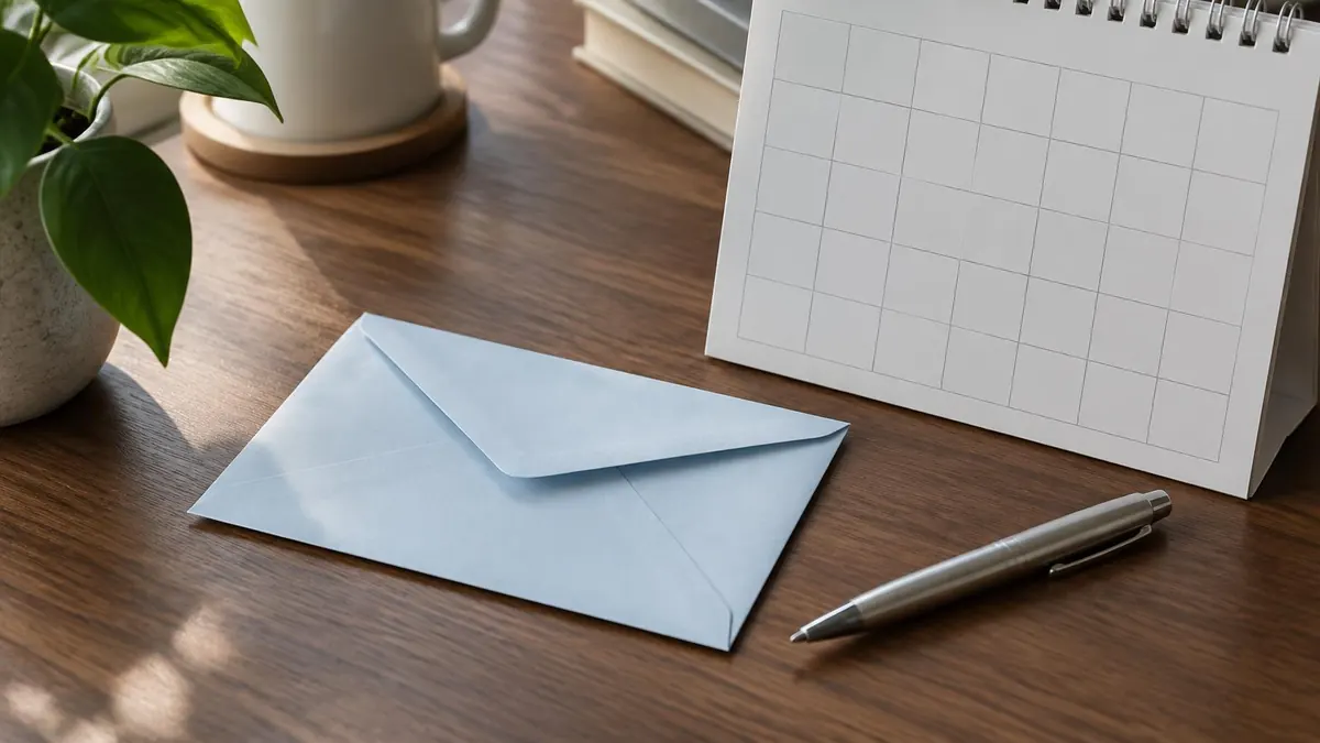 A Social Security style envelope and a pen on a desk beside a calendar