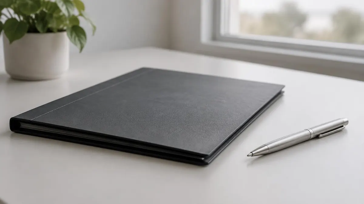 A closed folder and a pen on a plain desk under soft window light