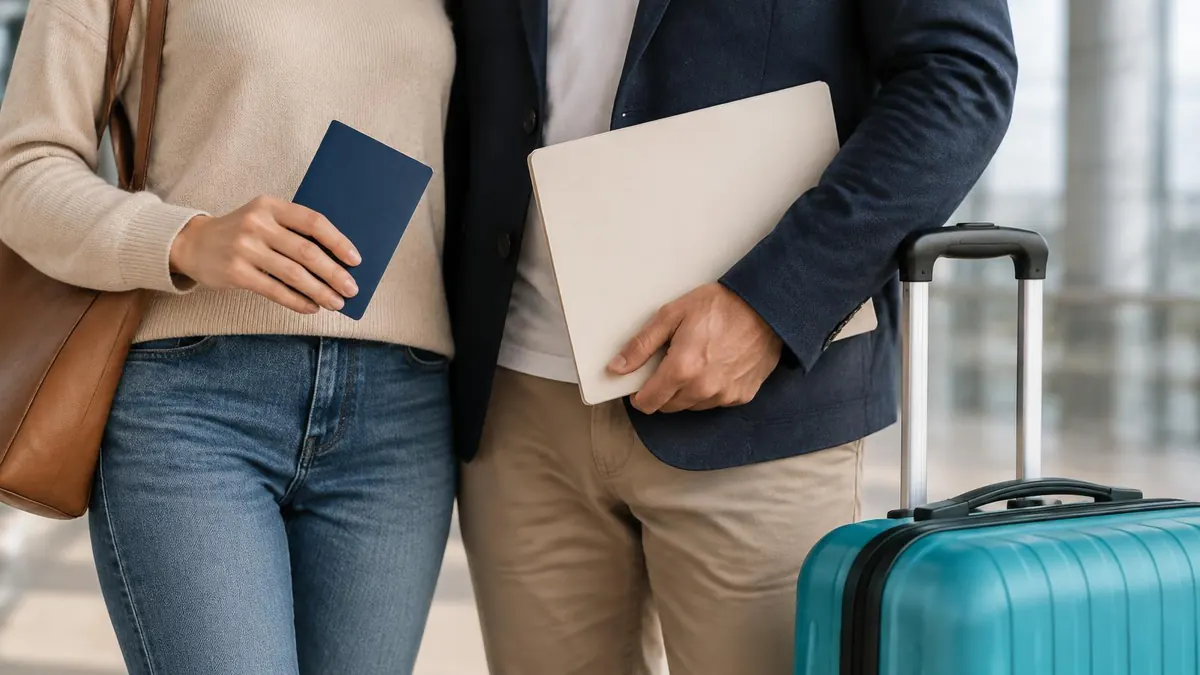 A couple's hands holding a passport and a folder of documents beside a suitcase