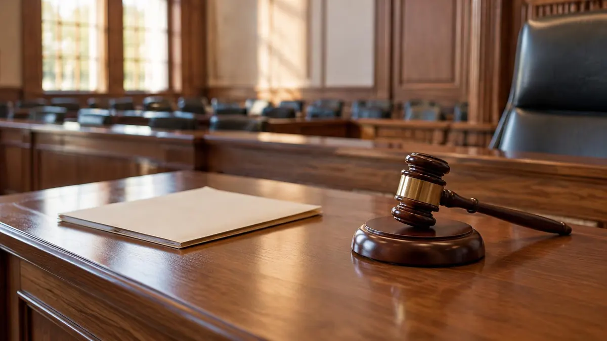 A courtroom bench with a closed folder and a gavel, softly lit