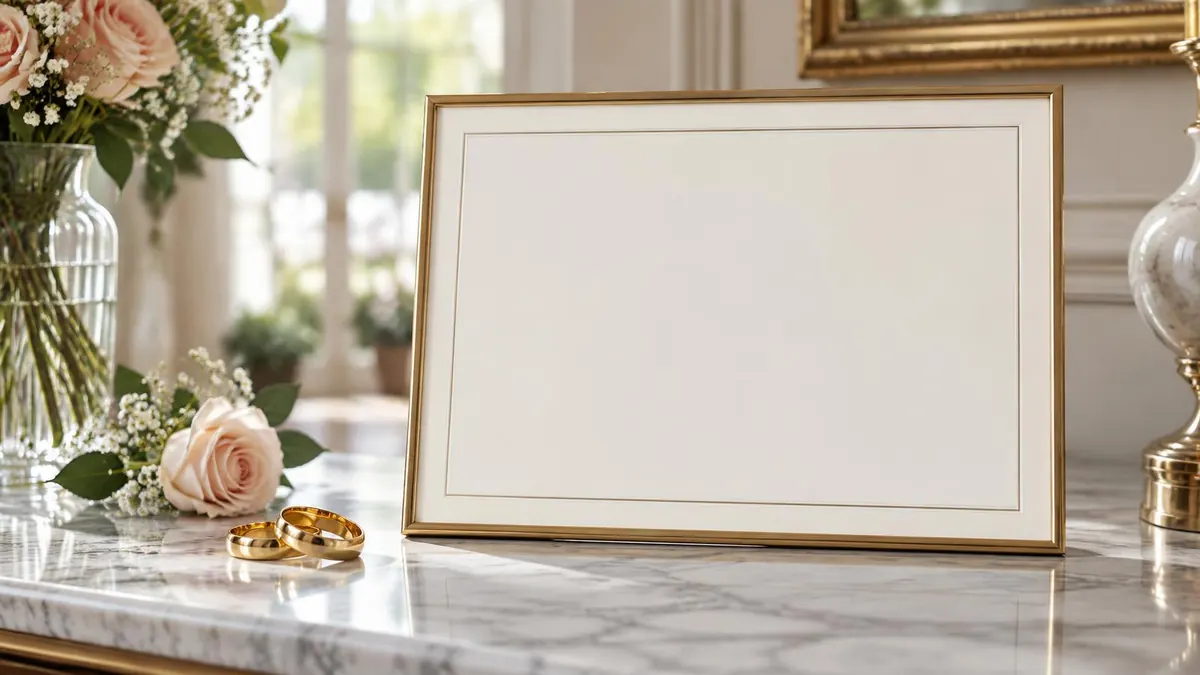A framed marriage document on a table beside two wedding rings