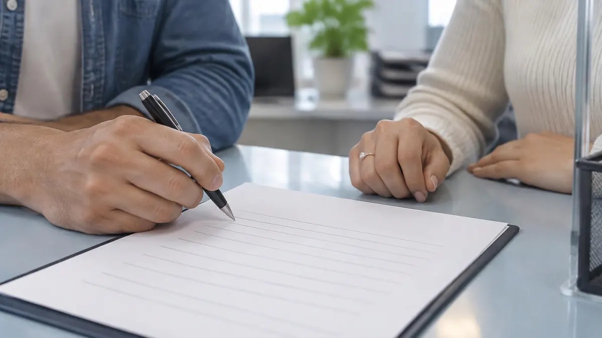 A couple's hands holding a pen over an application form at a clerk's counter