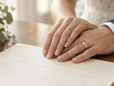 A couple's hands wearing wedding rings resting on a paper document