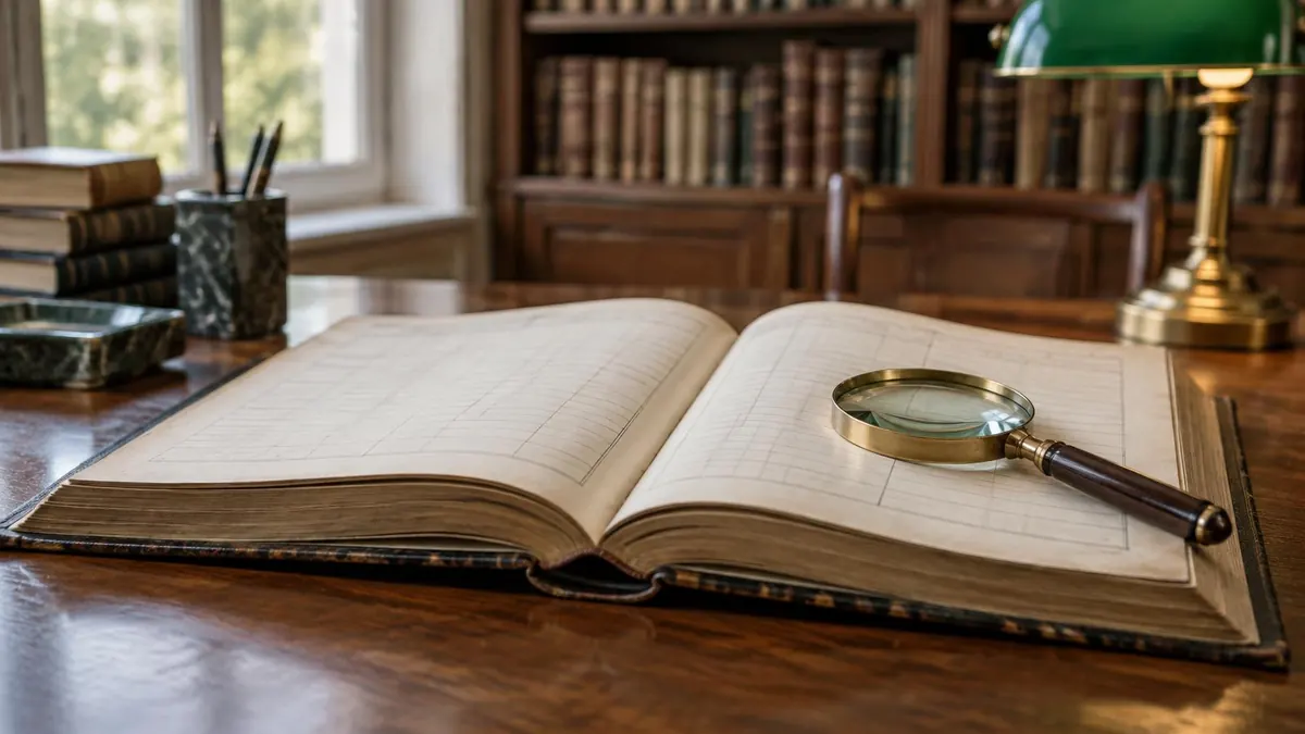 An open archive index book and a magnifying glass on a wooden research table