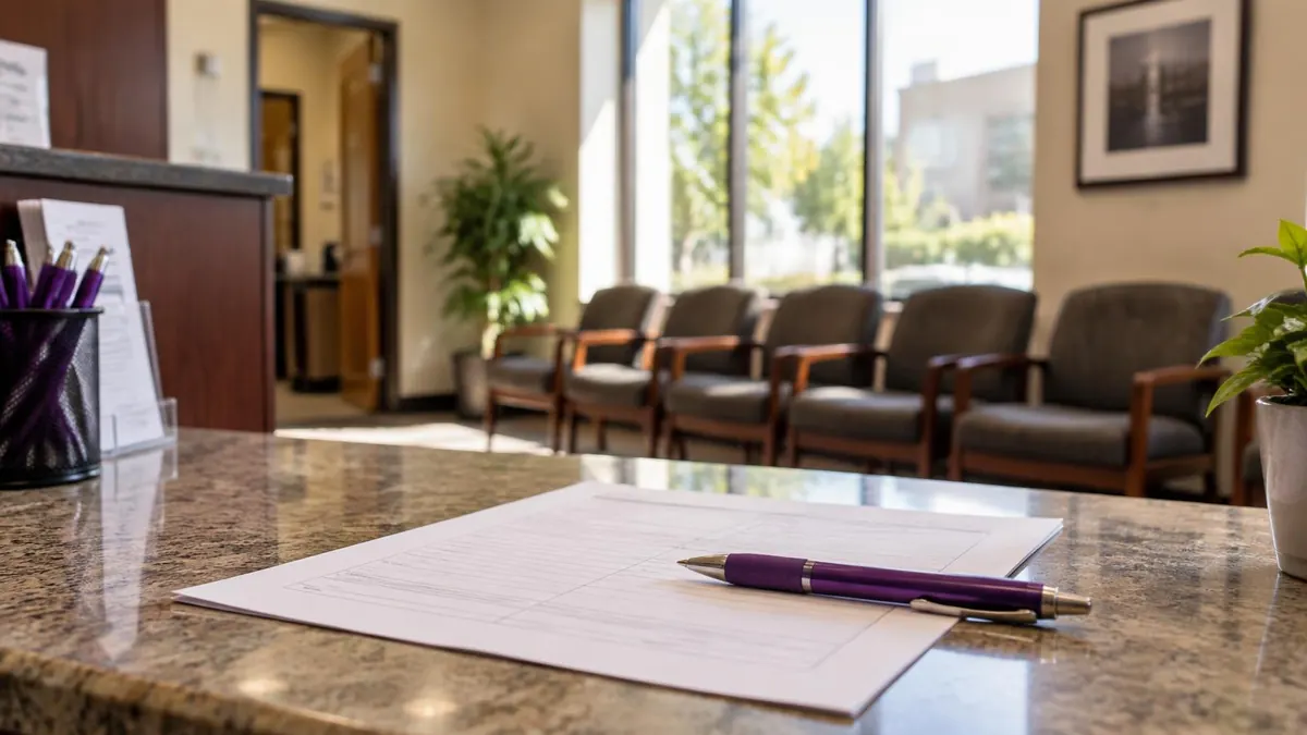 A county clerk's counter with a blank marriage license form and a pen