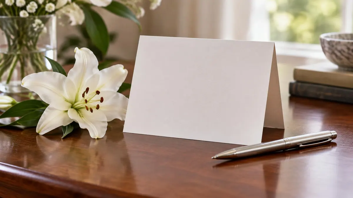 A folded condolence card and a pen resting on a wooden table