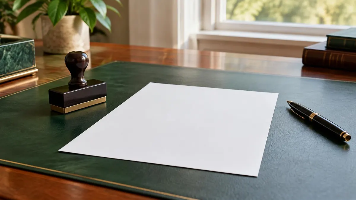 A notary's desk with a stamp, a pen and a document awaiting signature