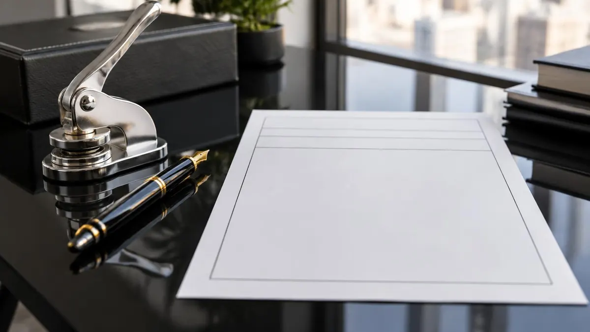 A notary's embosser and pen next to a signed form on a desk