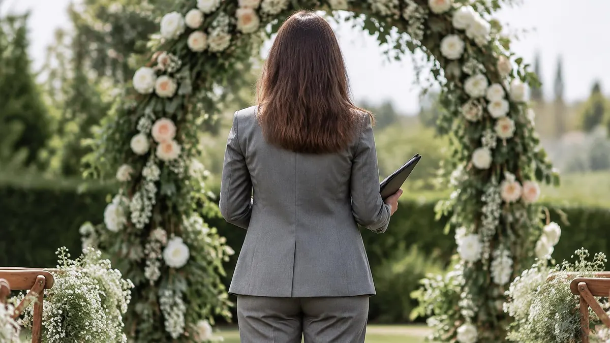 A person in plain clothing holding a folder at an outdoor ceremony arch, seen from behind