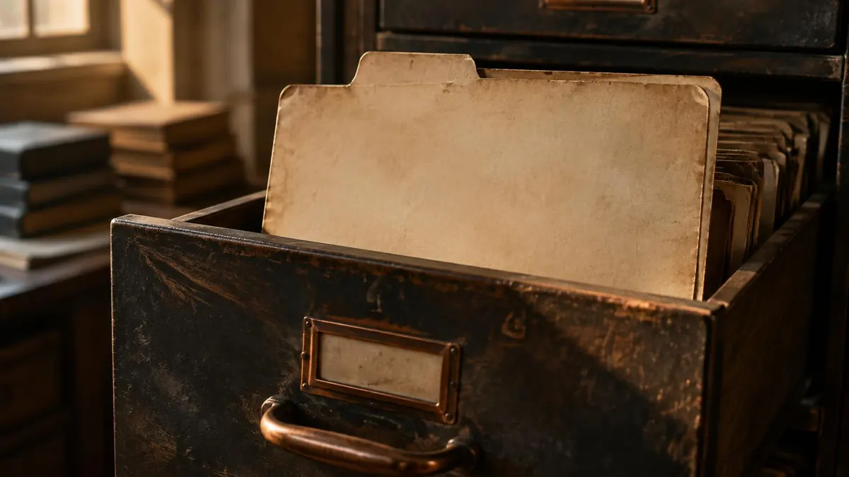 An aged birth record folder in an archive drawer, with no readable text