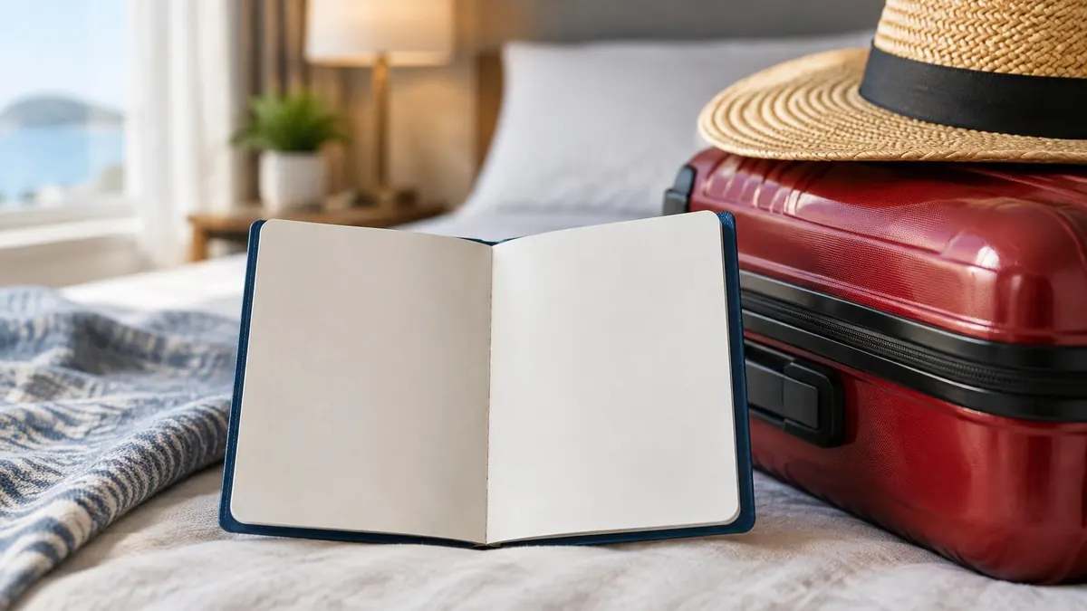 An open passport booklet with blank pages beside a suitcase, no readable text