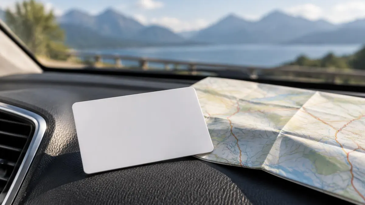 A wallet-sized ID card resting on a car dashboard near a road map, no readable text