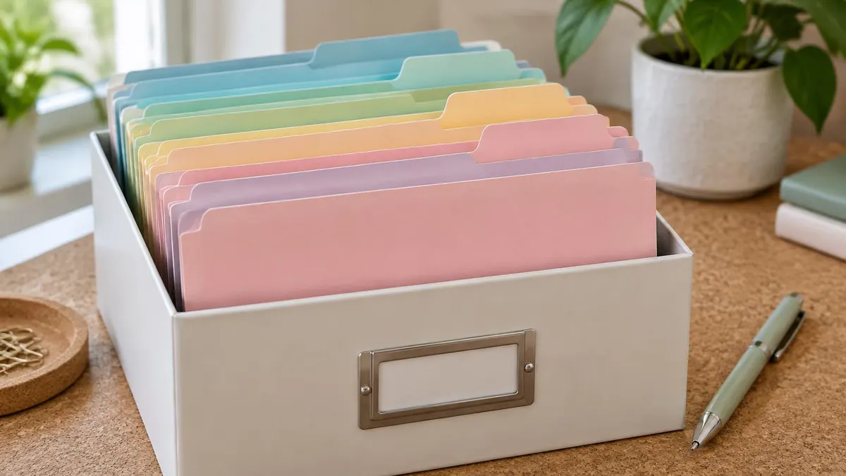 A tidy home filing box with labeled folders and a pen on a desk