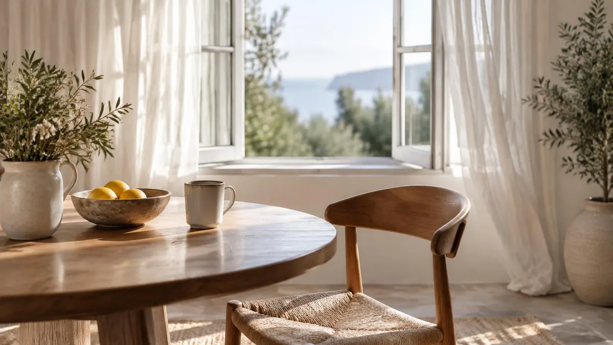 An empty chair at a quiet table with an open window behind it