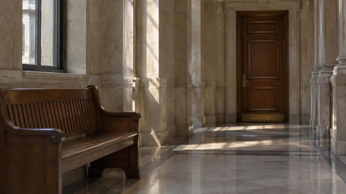 A courthouse hallway with a wooden bench and a closed door in soft light