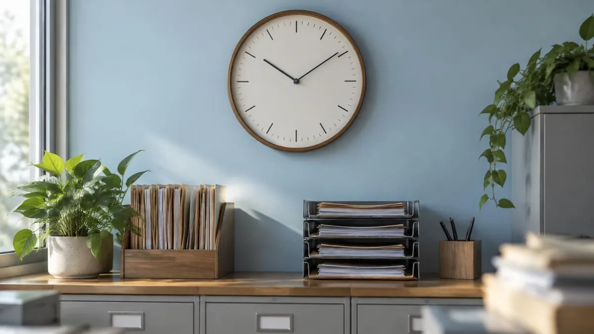 A clock on a wall above a records office counter with stacked file trays