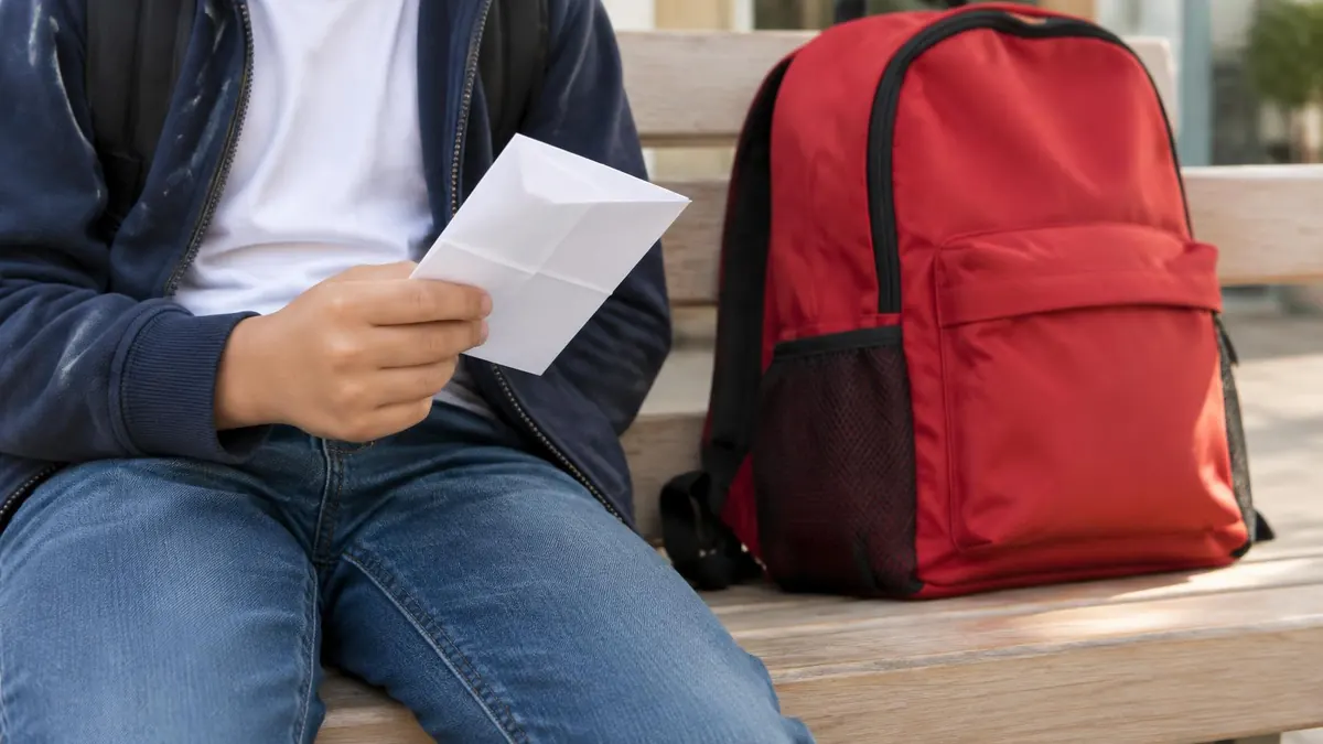 A child's hand holding a folded paper beside a school backpack