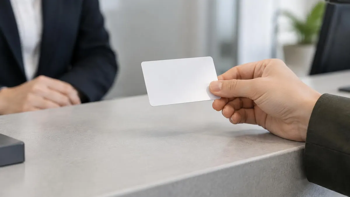 A hand holding a photo ID card across a service counter, no faces and no readable text
