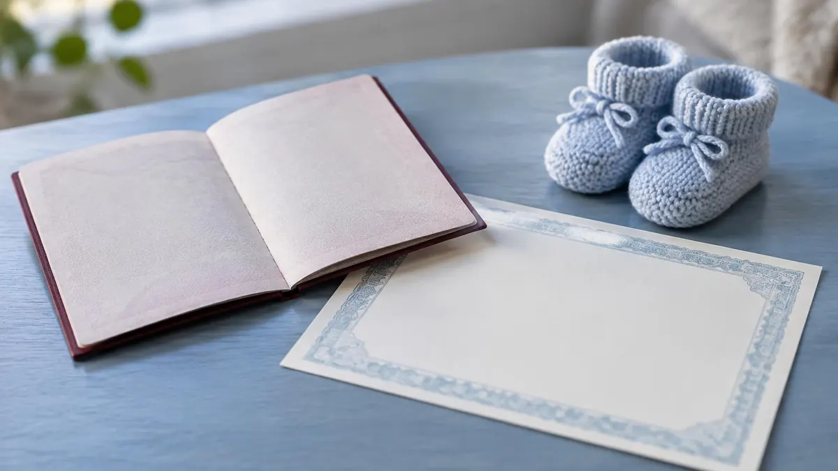 A parent's passport and a child's birth certificate laid next to each other on a table
