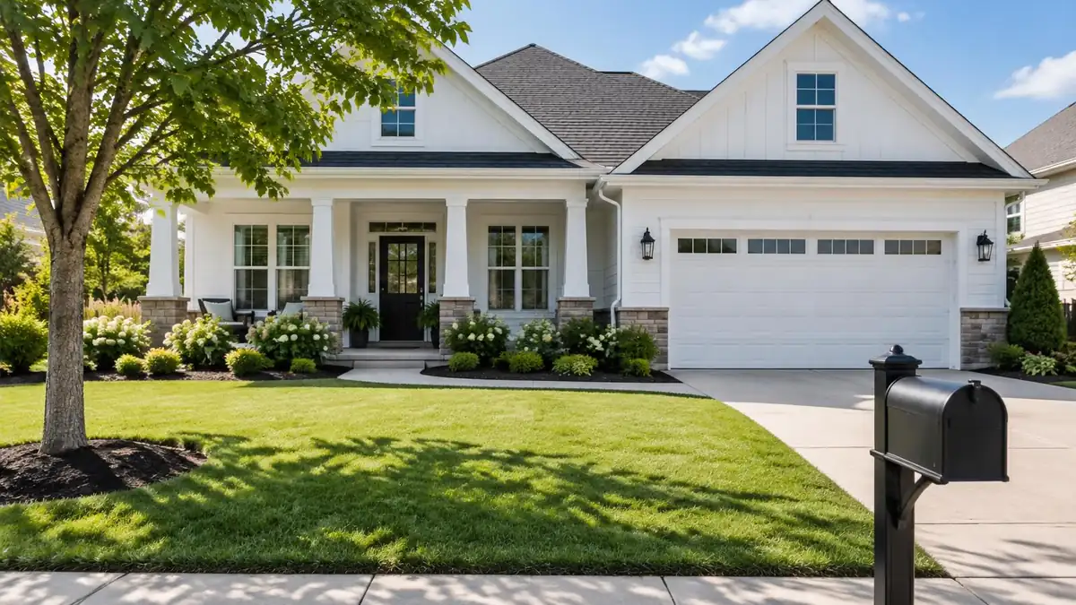 A house front with a small For Sale sign absent and a mailbox, shown in daylight