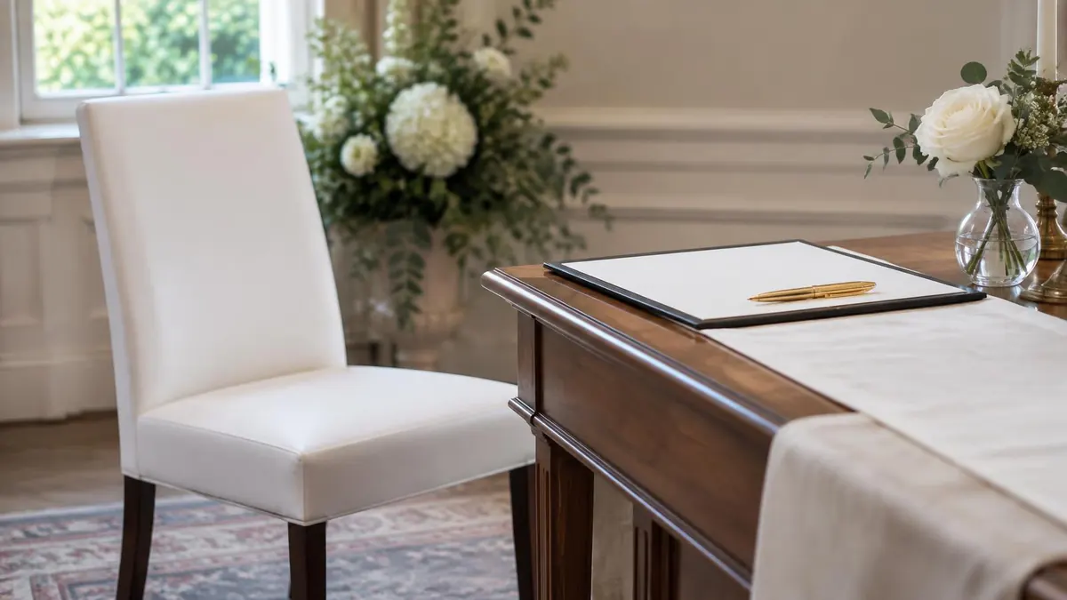 An empty chair beside an officiant's table with a pen and a document, in a quiet office