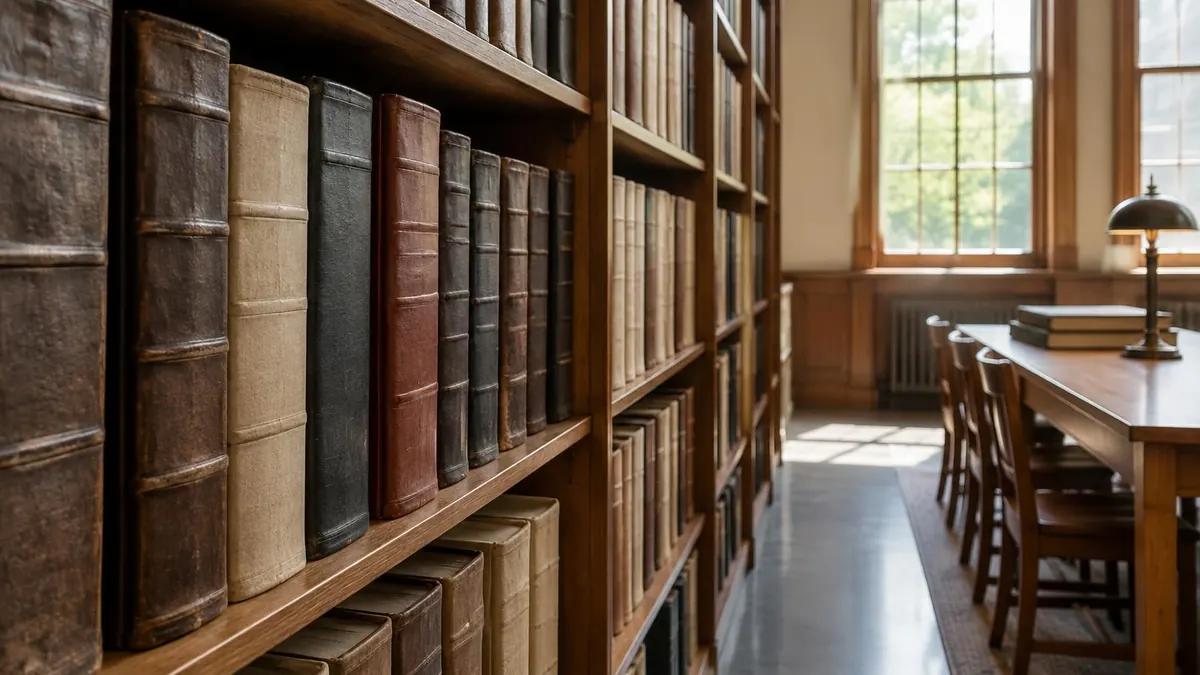 Archive shelves of old bound record books in a quiet reading room
