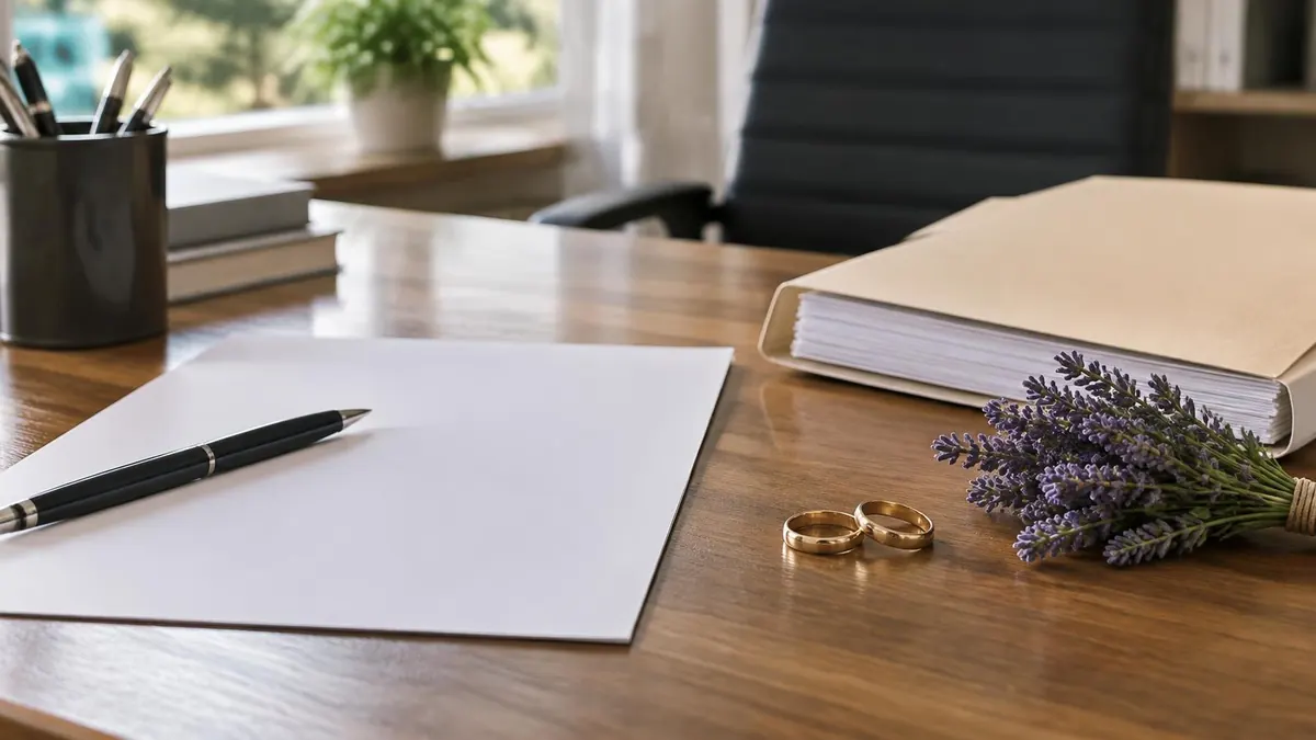 A clerk's desk with a marriage license application and a folder of divorce papers