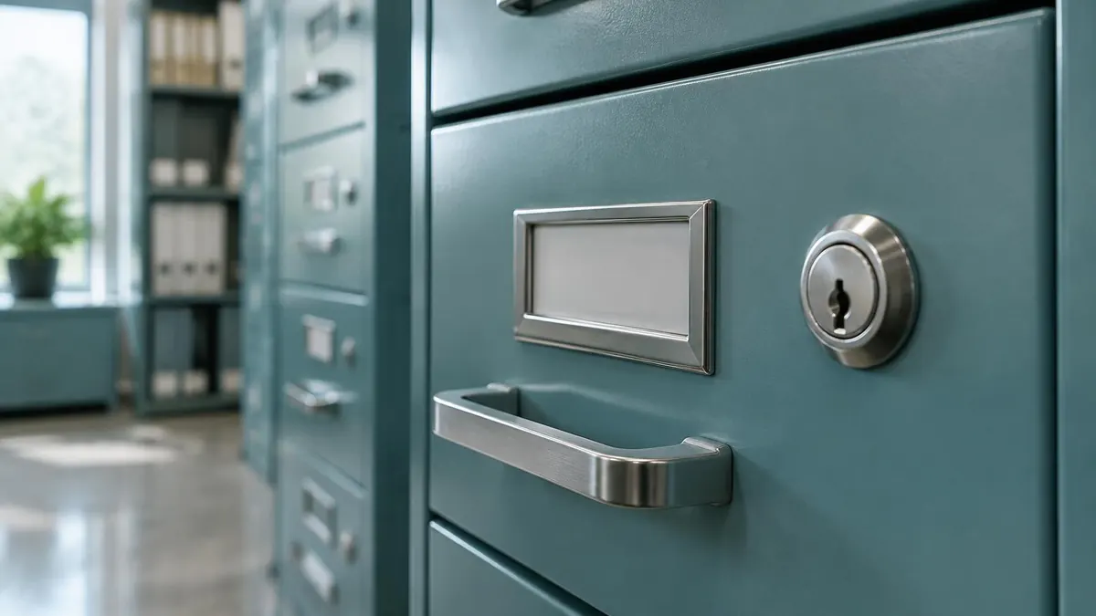 A locked filing cabinet drawer in a quiet records office