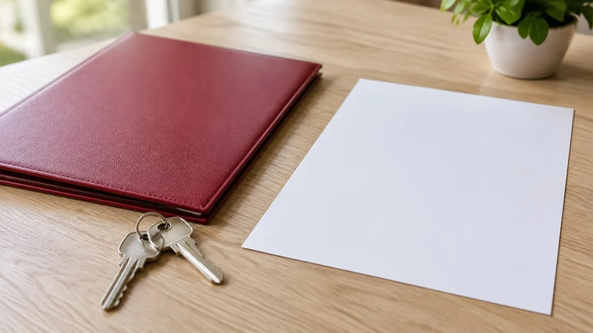 Two house keys on a table beside a signed deed folder