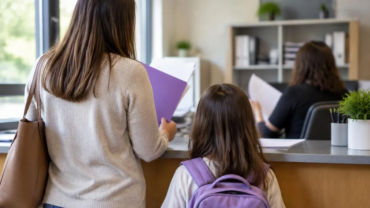 A parent and child at a school registration desk with a folder of papers