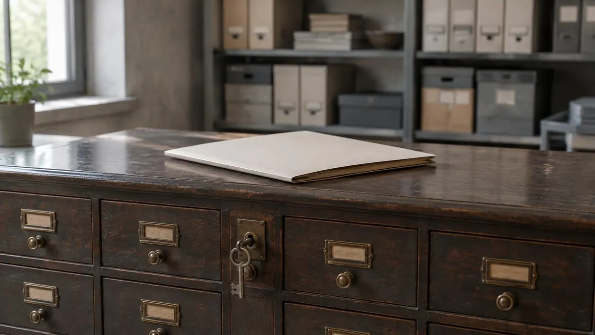 A locked archive cabinet in a records office with a single closed folder on top