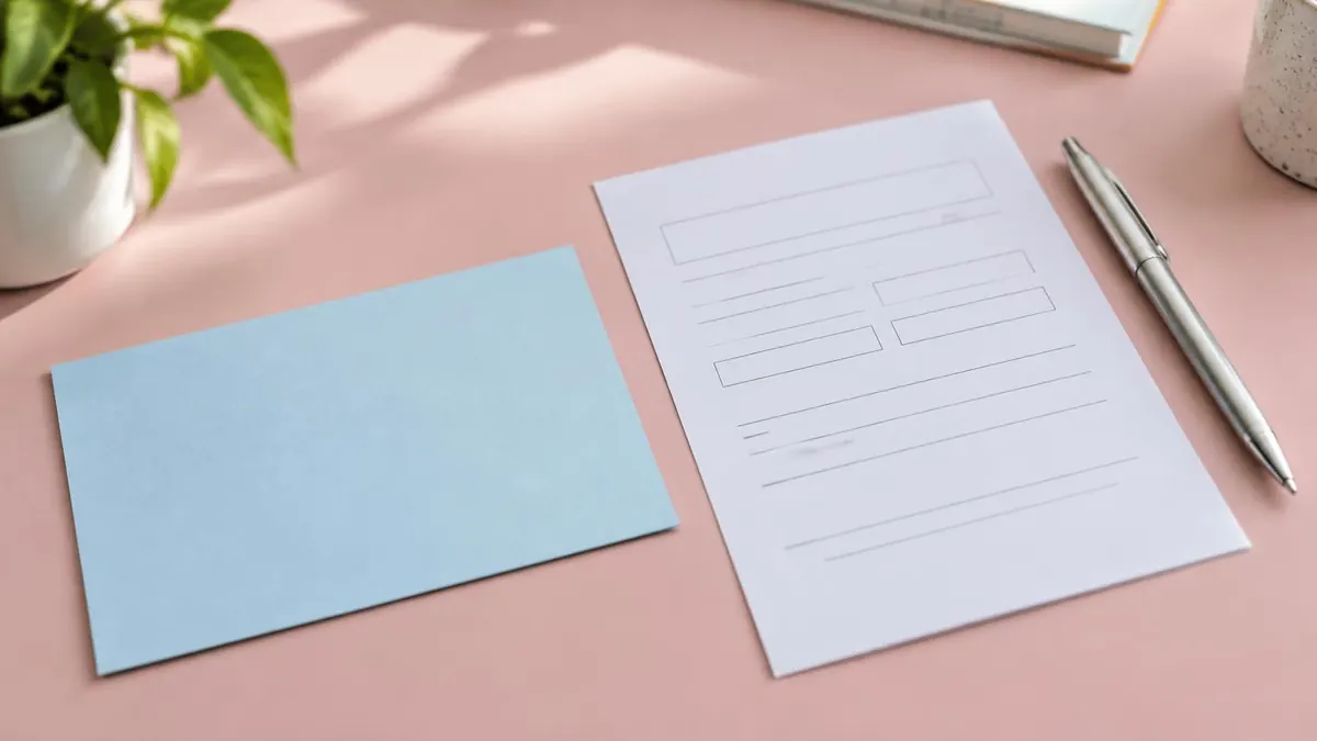 A blank card-sized document next to an application form and a pen