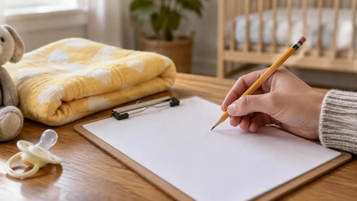A new parent filling out a form on a clipboard beside a baby blanket