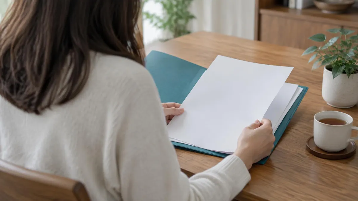 A family member at a table with a folder of papers and a cup of tea, quiet and calm