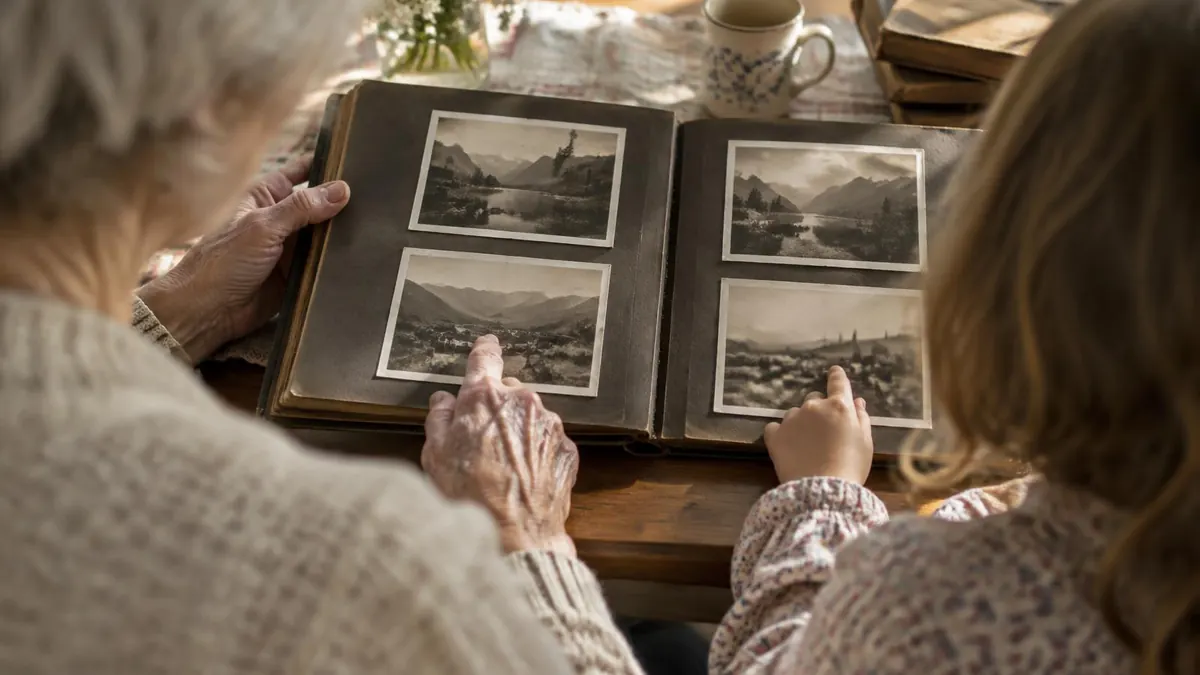 A grandparent and grandchild looking at an old family photograph album together