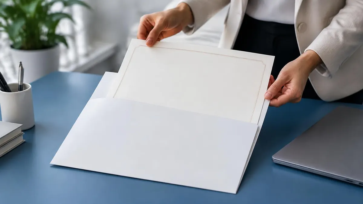 A hand placing a certified document into a document folder beside a laptop