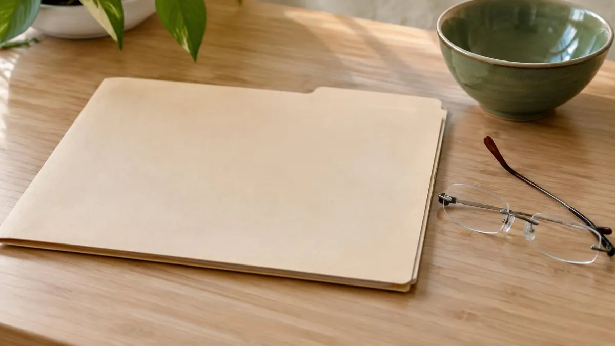 A closed manila file folder on a desk beside a pair of reading glasses