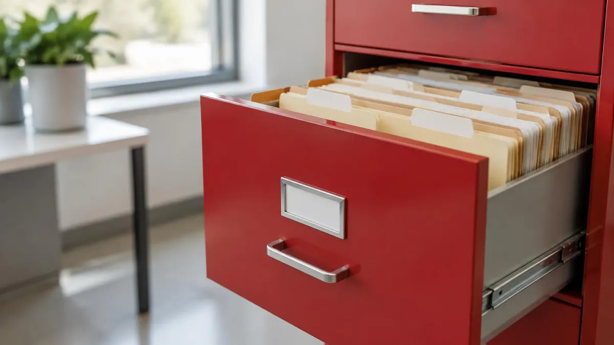 A tall filing cabinet drawer partly open showing neatly labeled folders