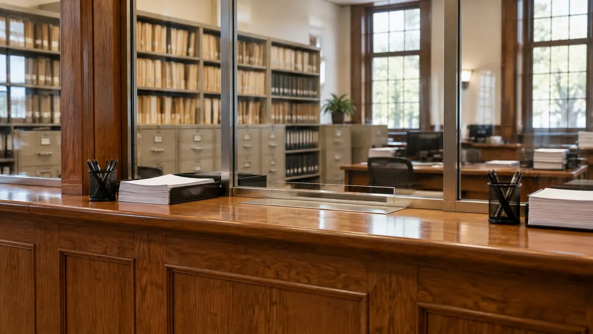 A records counter at a county health department office with filing shelves, no readable text