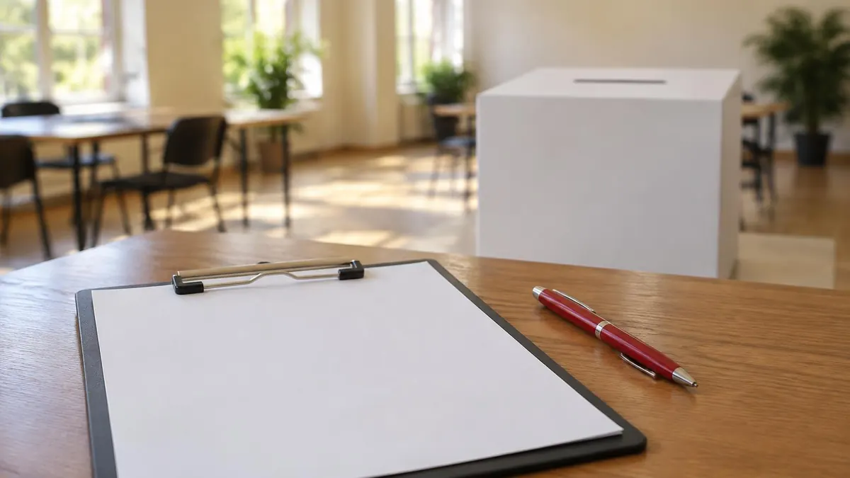 A voter registration form on a clipboard with a pen and a ballot box in the background, no readable text